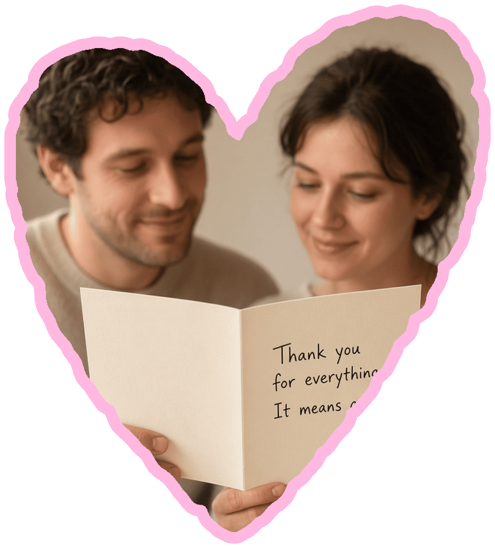 A couple reading a thank-you card together